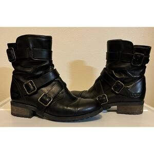 UGG Finney Black Leather Boots Womens Sz 7 Motorcycle Biker Harness Riding
